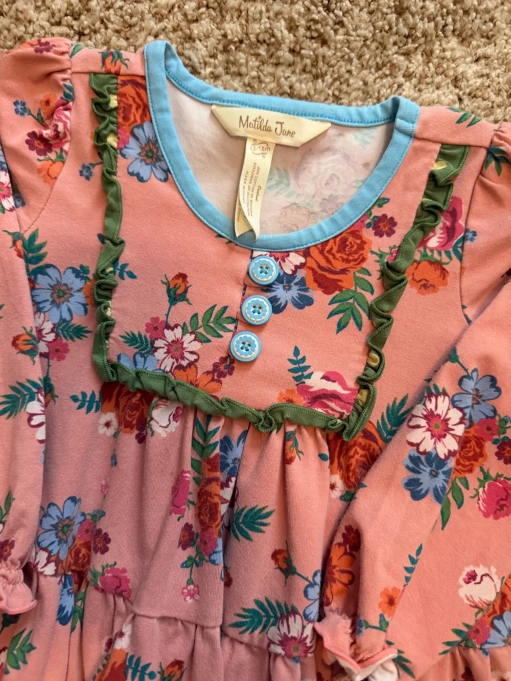 Matilda Jane Pink Floral Tiered Dress with Blue Trim - Picture 2 of 4